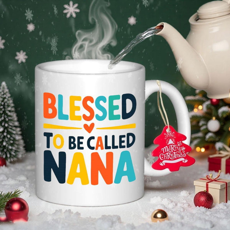 Tailorly White Ceramic 11 oz Mug - Blessed To Be Called Nana Vibrant Colorful Block Letters With A Delicate Red Heart Detail Nana