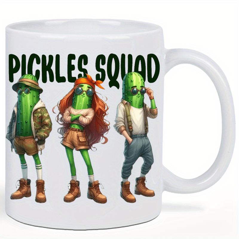 Tailorly White Ceramic 11 oz Mug - Pickles Squad Trendy Green Vegetables Wearing Fashionable Outdoor Outfits And Cool Pickle