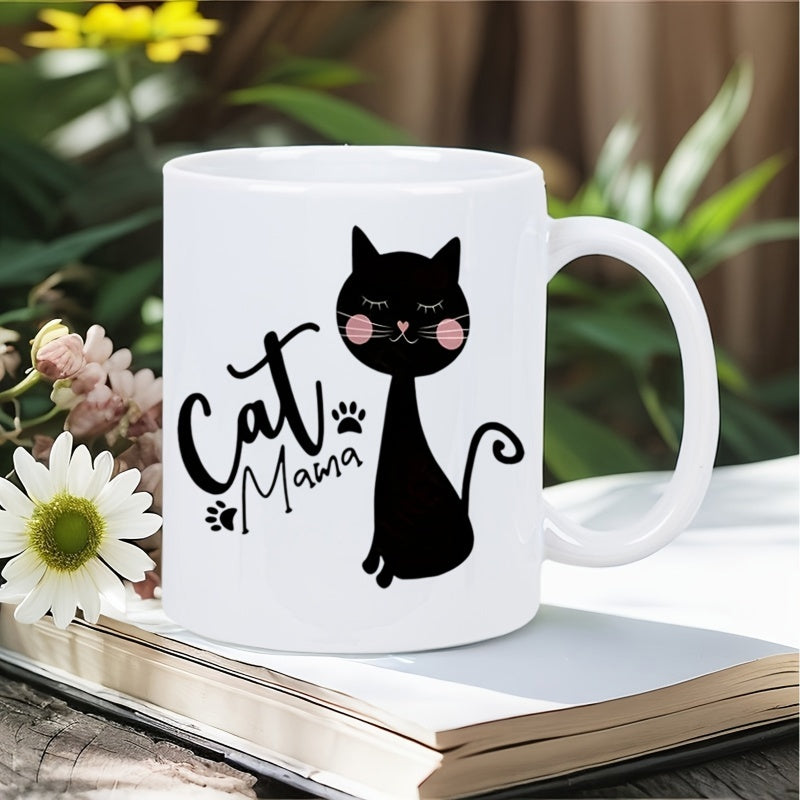 Tailorly White Ceramic 11 oz Mug - Cat Mama Adorable Minimalist Black Cat Silhouette Sitting Peacefully With Pink Cheeks Cat