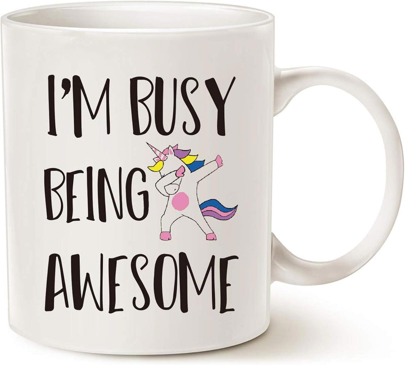 Tailorly White Ceramic 11 oz Mug - Im Busy Being Awesome Dabbing Cartoon Fantasy Creature With Colorful Mane And Magical Horn Unicorn