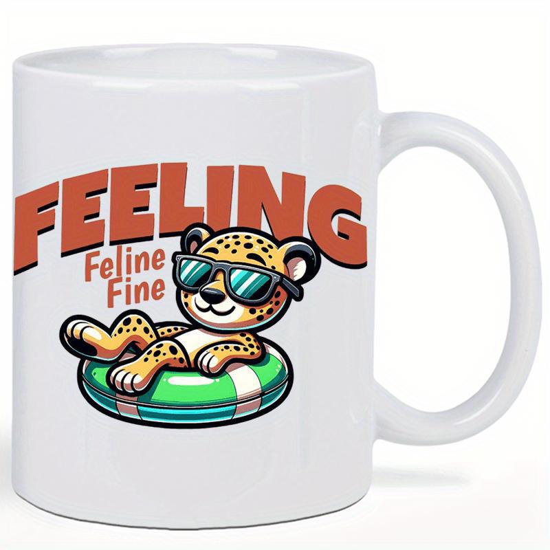 Tailorly White Ceramic 11 oz Mug - Feeling Feline Fine Cool Cartoon Cheetah Wearing Sunglasses Relaxing On A Striped Swimming Float Cheetah