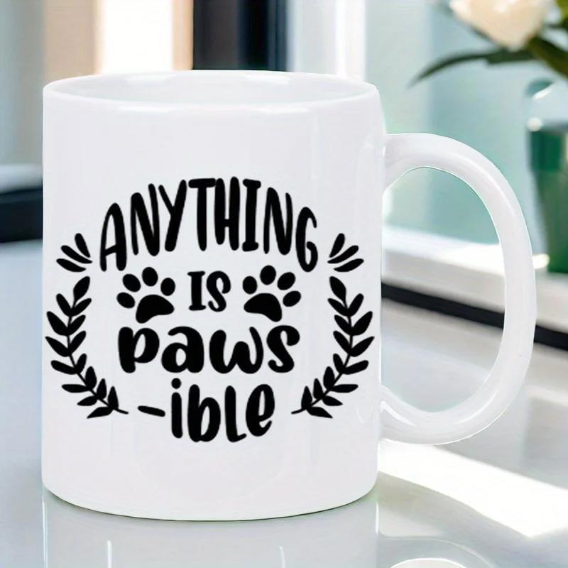 Tailorly White Ceramic 11 oz Mug - Anything Is Pawsible Minimalist Black Paw Prints And Leaf Branches