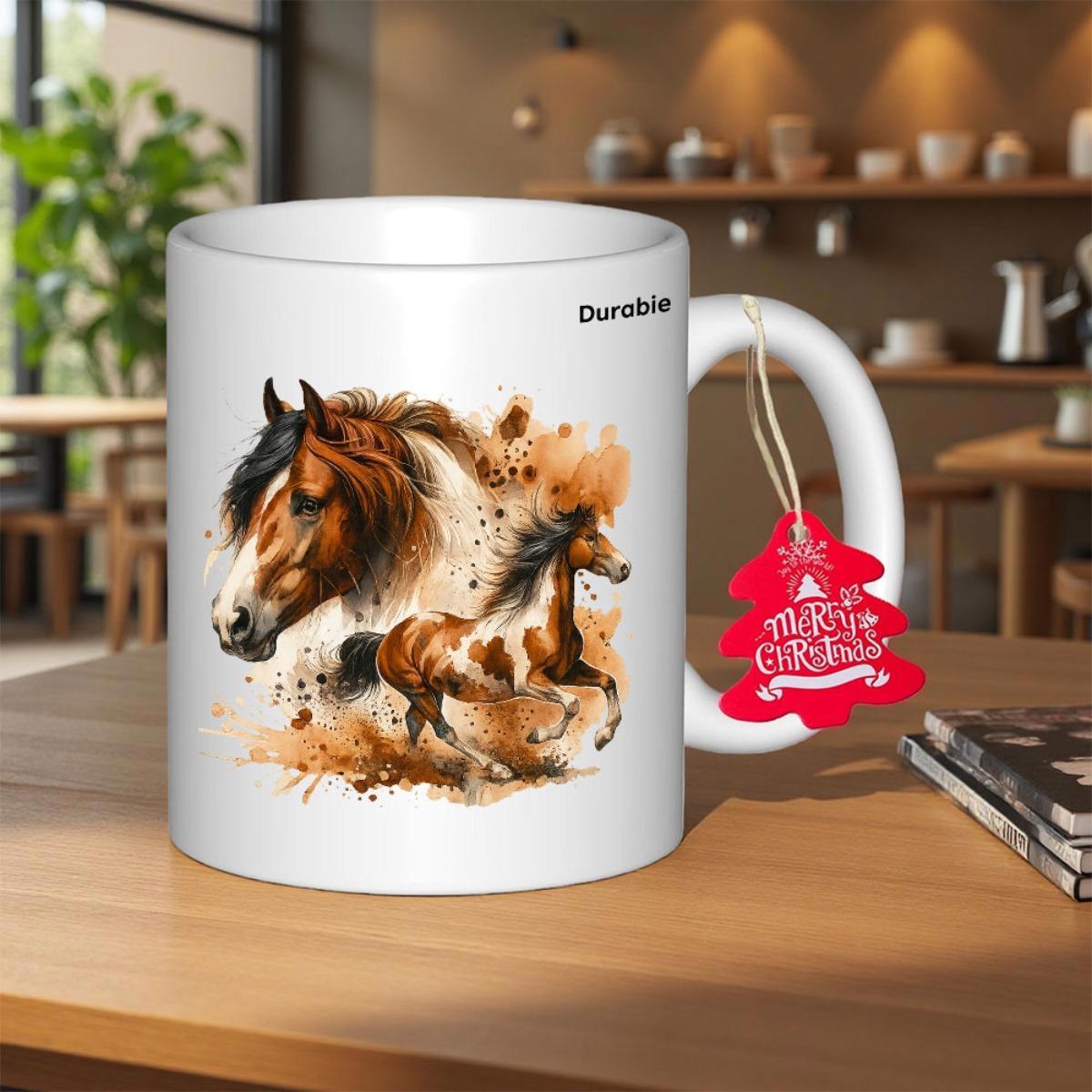 Tailorly White Ceramic 11 oz Mug - Durable Merry Christmas Artistic Watercolor Style Brown Horses Running Wildly Through Dusty Golden Trails Horse