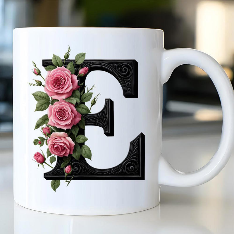 Tailorly White Ceramic 11 oz Mug - E Vintage Styled Black Initial With Pink Blooming Floral Rose Letter