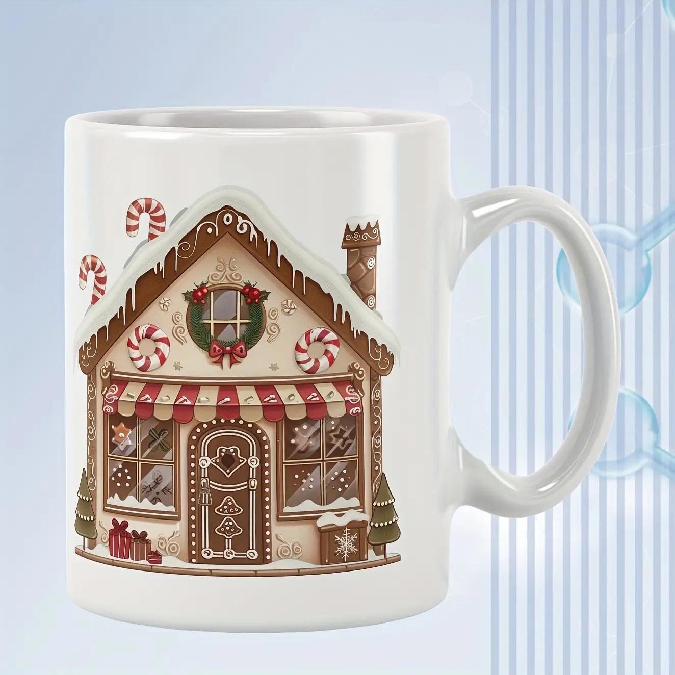 Tailorly White Ceramic 11 oz Mug - Charming Festive Snow Covered Cottage With Wreaths And Candy Canes Gingerbread House