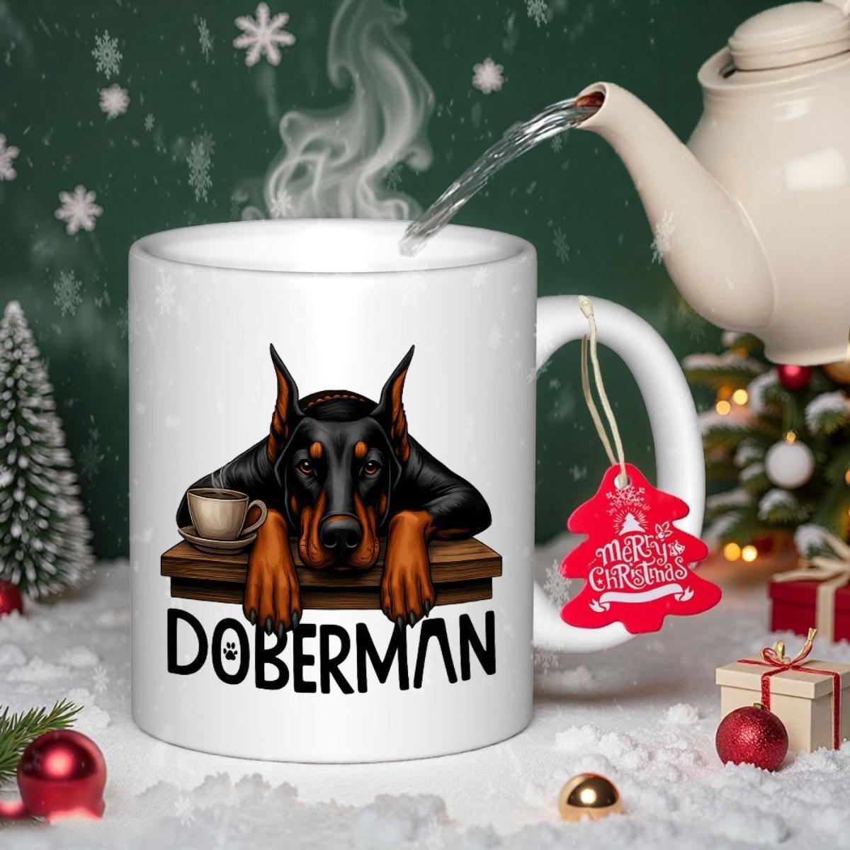 Tailorly White Ceramic 11 oz Mug - Doberman Loyal Dog Resting Head With Coffee Cup On Wooden Surface Doberman
