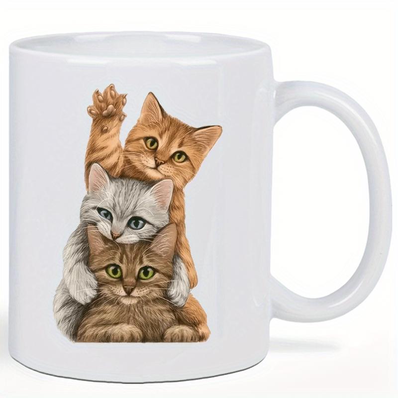 Tailorly White Ceramic 11 oz Mug - Three Adorable Fluffy Tabby Kittens Stacked In A Playful Vertical Row Kittens