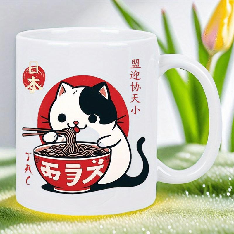 Tailorly White Ceramic 11 oz Mug - Charming Little Kitten Eating Traditional Japanese Ramen Under Red Sun Cat