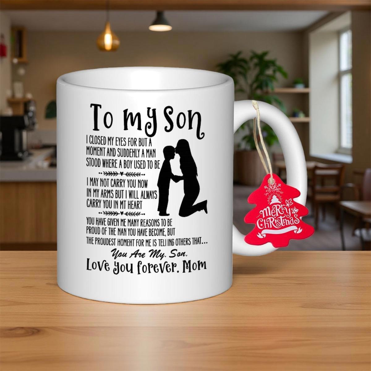 Tailorly White Ceramic 11 oz Mug - To My Son Love You Forever Mom Silhouette Of Mother And Child Touching Hands Amidst Heartfelt Meaningful Text Silhouette
