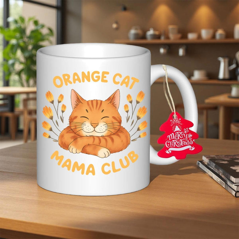Tailorly White Ceramic 11 oz Mug - Orange Cat Mama Club Adorable Orange Tabby Sleeping Peacefully Among Small Yellow Blooming Flowers Cat