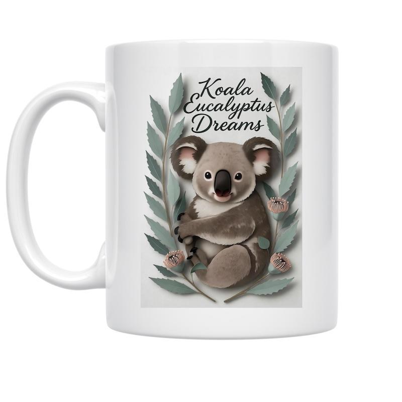Tailorly White Ceramic 11 oz Mug - Koala Eucalyptus Dreams Adorable Sitting Calmly Surrounded By Lush Green Eucalyptus Leaves Framed Koala