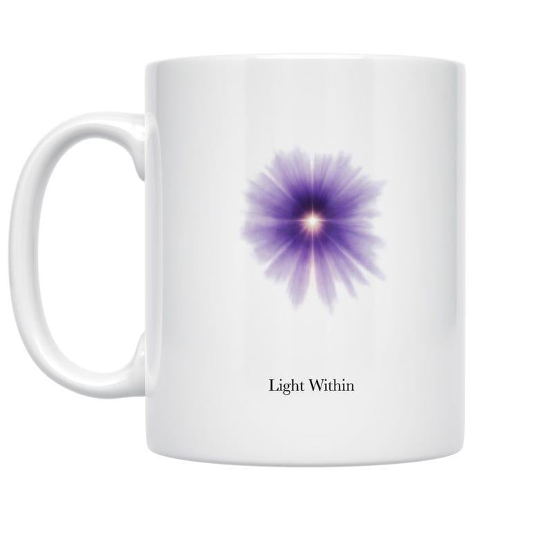 Tailorly White Ceramic 11 oz Mug - Light Within Soft Purple Radiant Petals Glowing With A Bright Luminous Center Flower