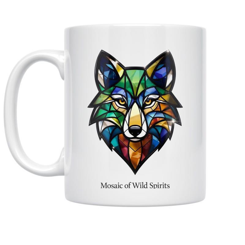Tailorly White Ceramic 11 oz Mug - Mosaic Of Wild Spirits Colorful Stained Glass Geometric Mosaic Pattern Featuring A Majestic Artistic Wolf