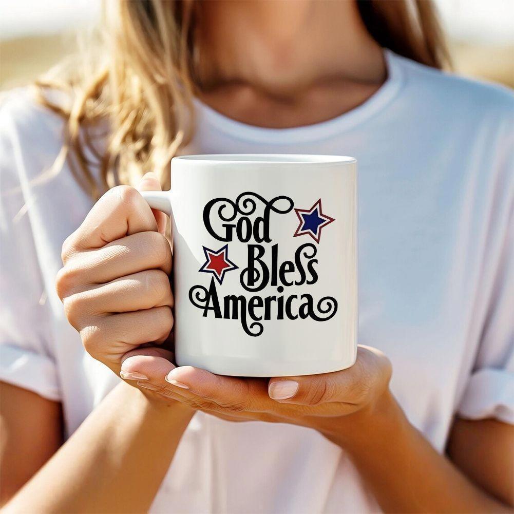 Tailorly White Ceramic 11 oz Mug - God Bless America Minimalist White Ceramic Vessel With Artistic Scripted Patriotic Stars Mug