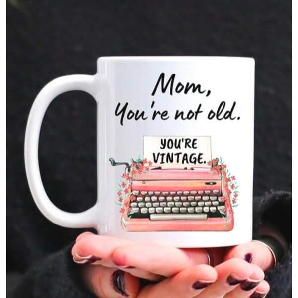 Tailorly White Ceramic 11 oz Mug - Mom Youre Not Old Youre Vintage Classic Antique Pink Writing Machine With Soft Blossoms Typewriter