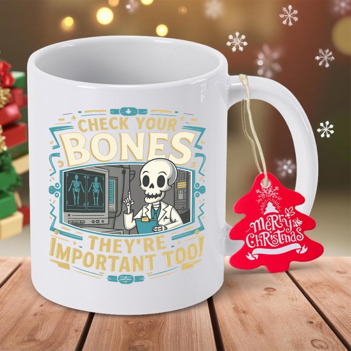 Tailorly White Ceramic 11 oz Mug - Check Your Bones They're Important Too Professional Skeletal Physician Checking Medical Scans In A Vintage Hospital Lab Skeleton