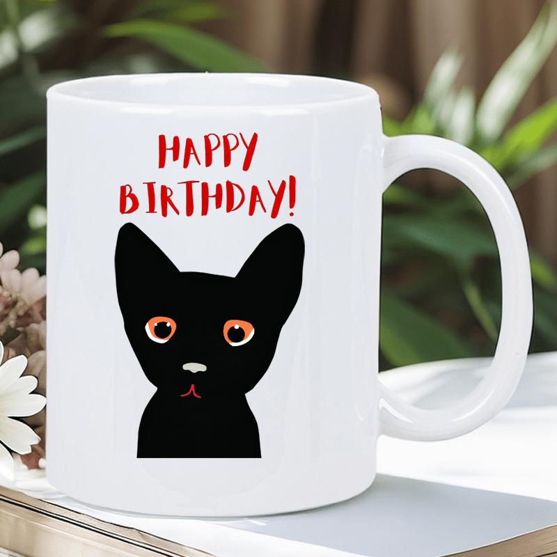 Tailorly White Ceramic 11 oz Mug - Happy Birthday Minimalist Black Cat Portrait With Large Expressive Eyes And Pointy Ears Cat