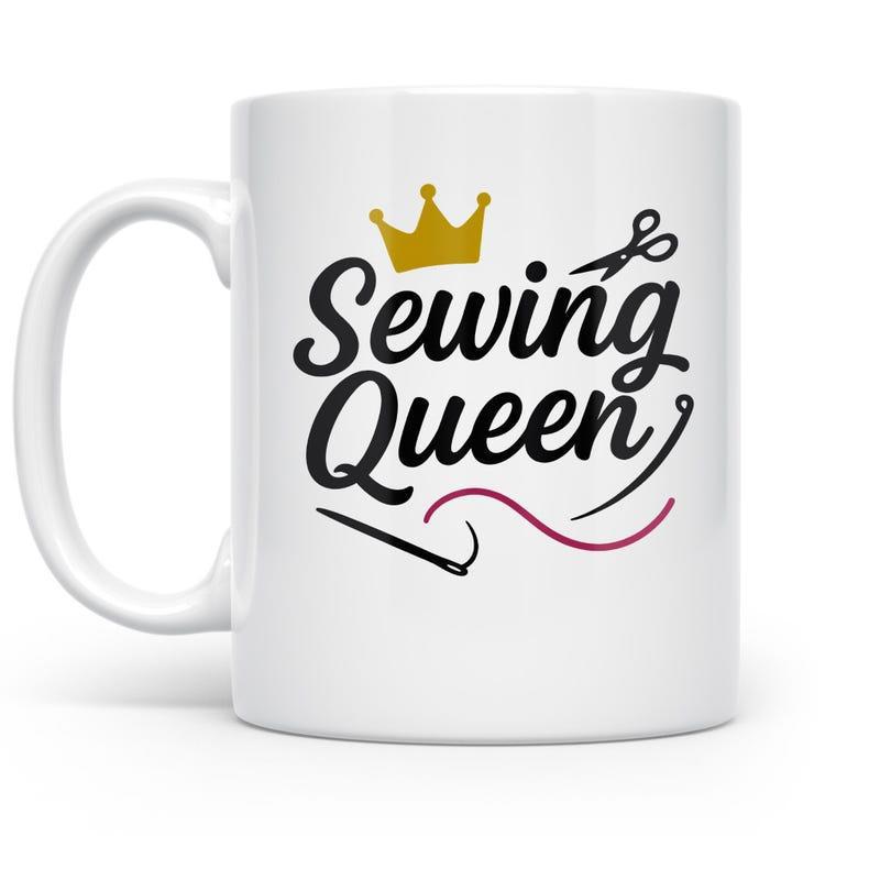 Tailorly White Ceramic 11 oz Mug - Sewing Queen Artistic Golden Crown With Crafting Scissors And Threaded Pattern