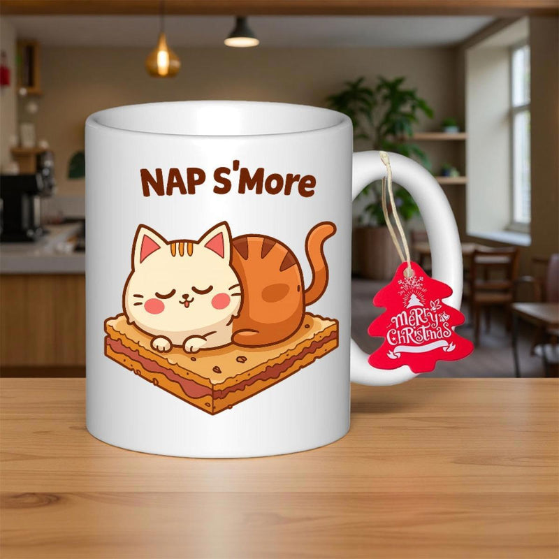 Tailorly White Ceramic 11 oz Mug - Nap Smore Cute Orange Tabby Resting Peacefully Upon A Tasty Graham Cracker Cat