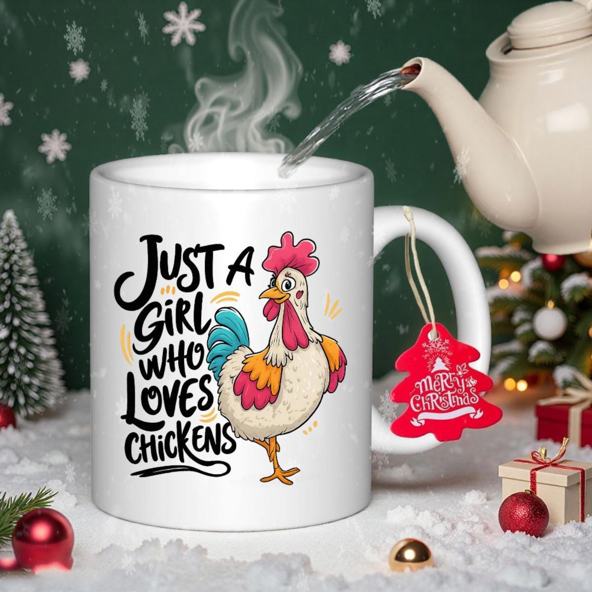 Tailorly White Ceramic 11 oz Mug - Just A Girl Who Loves Chickens Colorful Standing Bird With Red Comb And Blue Tail Feathers Chicken