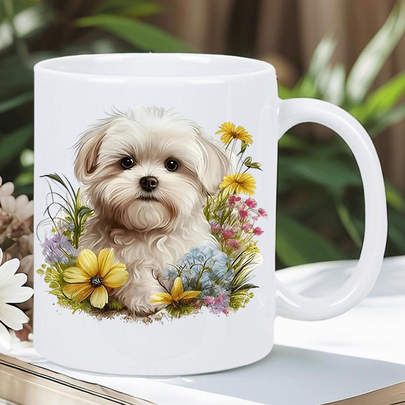 Tailorly White Ceramic 11 oz Mug - Adorable Fluffy Canine Surrounded By Vibrant Colorful Spring Blooming Flowers Dog