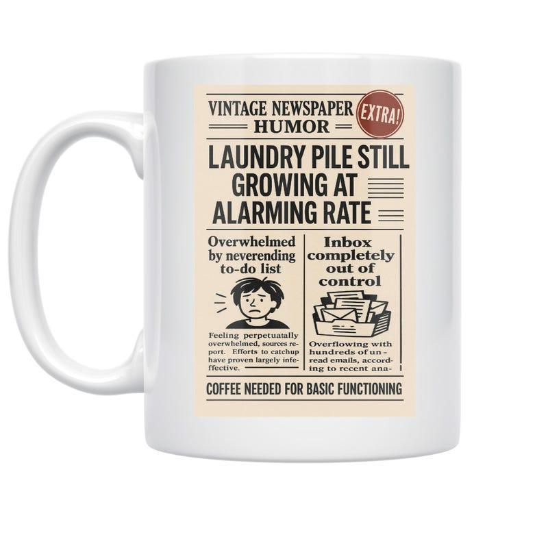 Tailorly White Ceramic 11 oz Mug - Vintage Newspaper Humor Laundry Pile Still Growing At Alarming Rate Overwhelmed Inbox Completely Out Of Control Coffee Needed