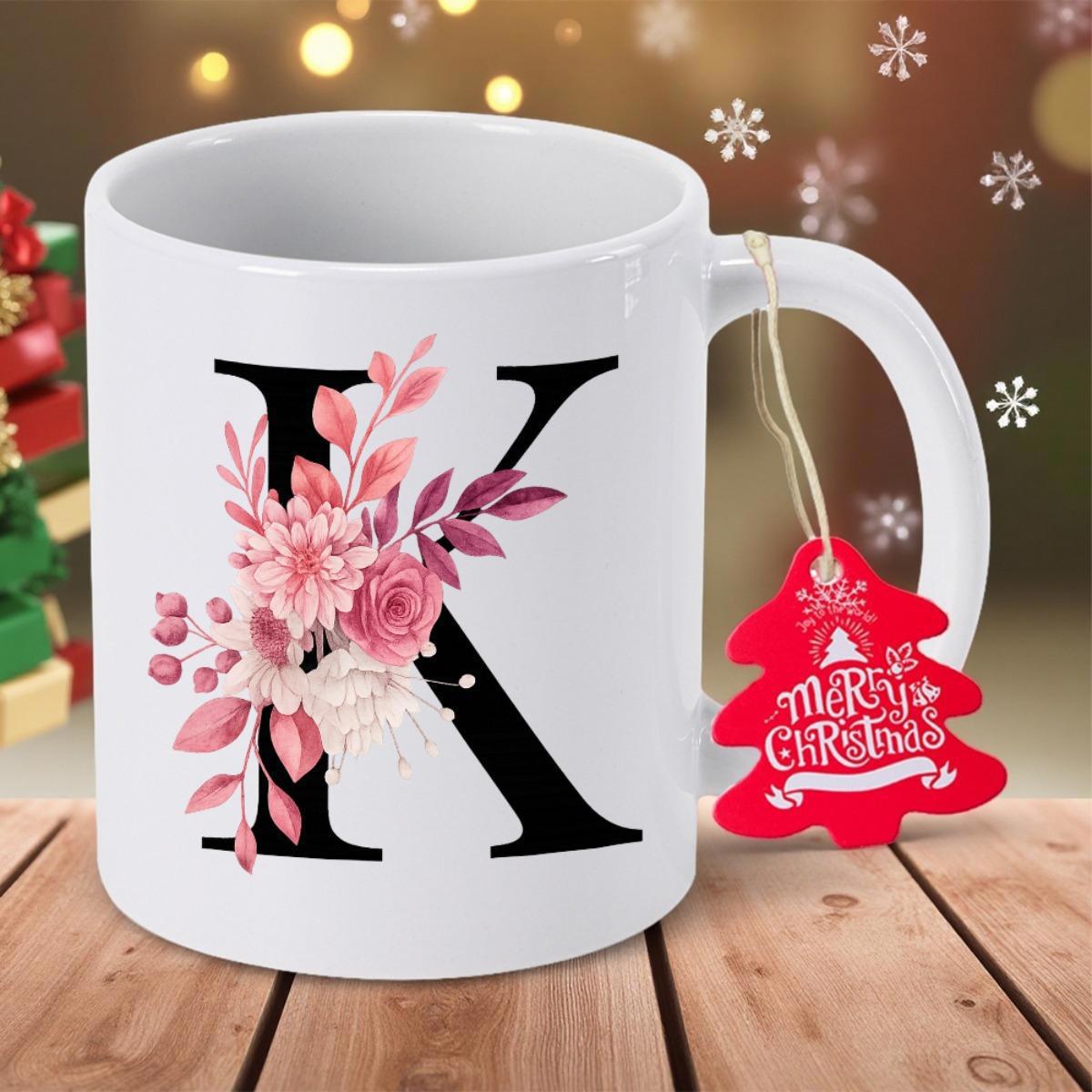 Tailorly White Ceramic 11 oz Mug - Merry Christmas Pink Floral Bouquet Decorating A Large Black Letter K Ceramic Mug