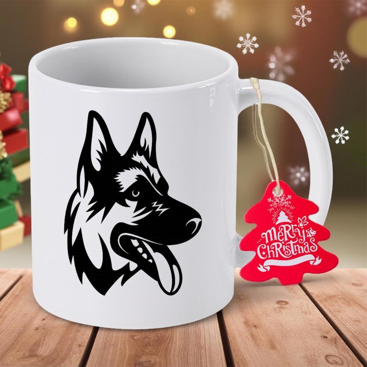 Tailorly White Ceramic 11 oz Mug - Merry Christmas Silhouette Profile Of An Alert Loyal Dog With Pointed Ears German Shepherd