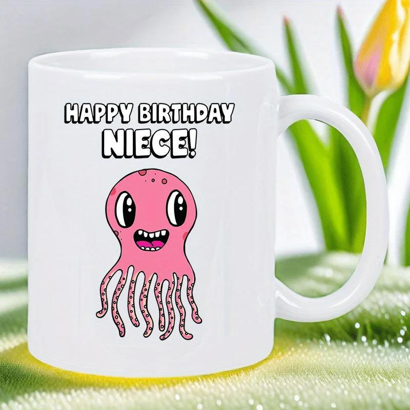Tailorly White Ceramic 11 oz Mug - Happy Birthday Niece Cute Pink Cartoon Sea Creature Smiling With Wavy Tentacles Octopus