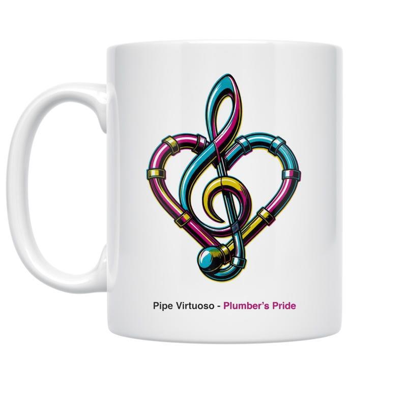 Tailorly White Ceramic 11 oz Mug - Pipe Virtuoso Plumber Pride Colorful Industrial Pipes Formed Into A Heart Shaped Musical Symbol Treble Clef