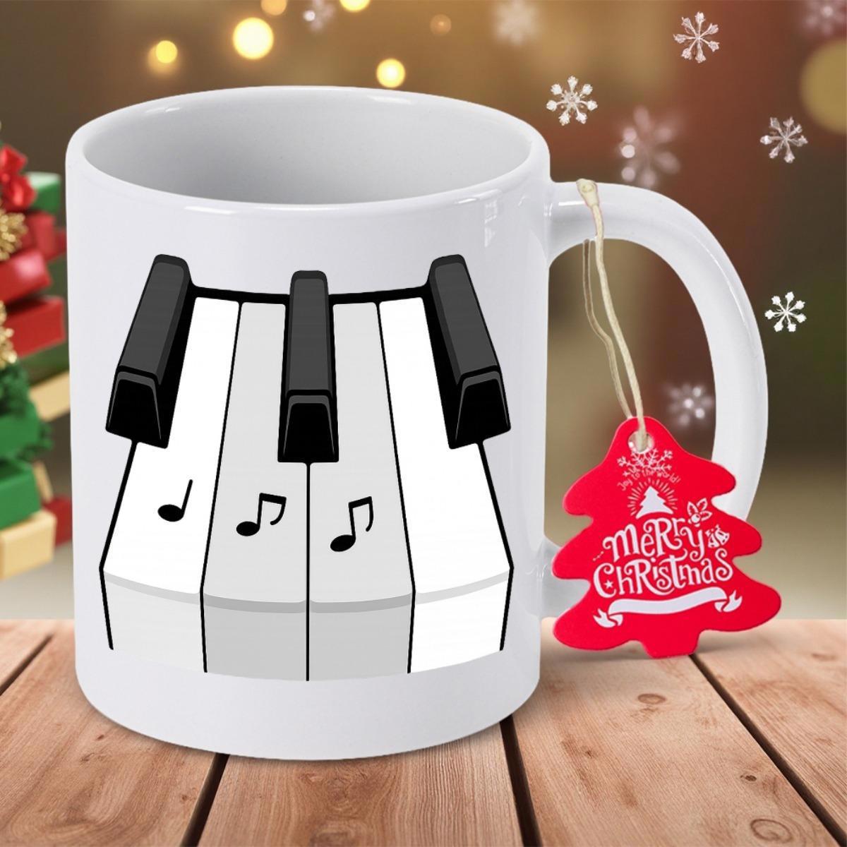 Tailorly White Ceramic 11 oz Mug - Merry Christmas Stylized Black And White Musical Keys With Three Floating Notes Piano