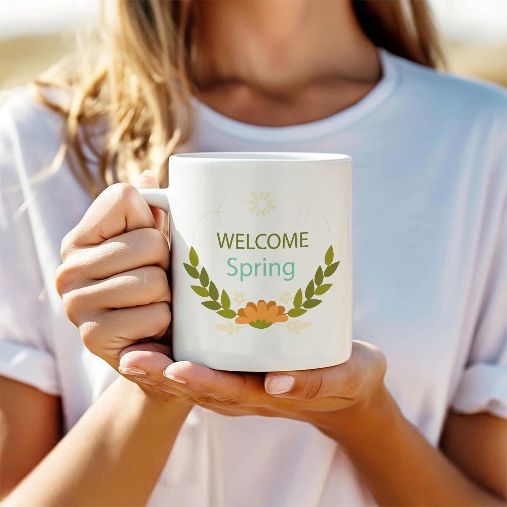 Tailorly White Ceramic 11 oz Mug - Welcome Spring Elegant Green Laurel Wreath With Central Orange Flower In Full Bloom Wreath