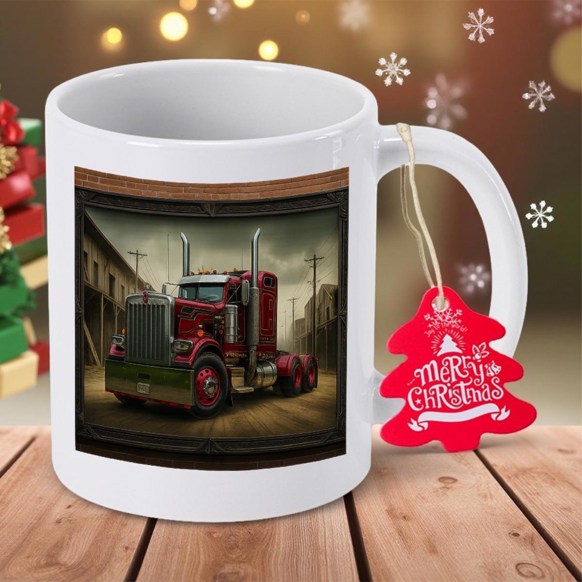 Tailorly White Ceramic 11 oz Mug - Red Heavy Semi Truck Parked Along Industrial Street Under Sunset Lighting Truck