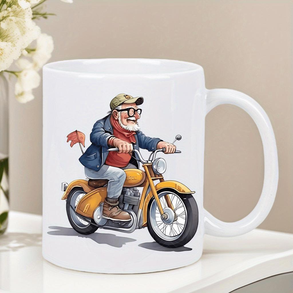 Tailorly White Ceramic 11 oz Mug - Cheerful Bearded Old Man Riding Classic Orange Vintage Style Motorcycle