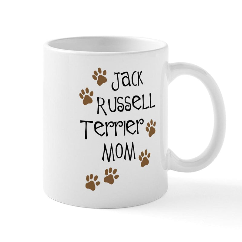 Tailorly White Ceramic 11 oz Mug - Jack Russell Terrier Mom Minimalist Decorative Brown Tracks Across Clean White Background Paw