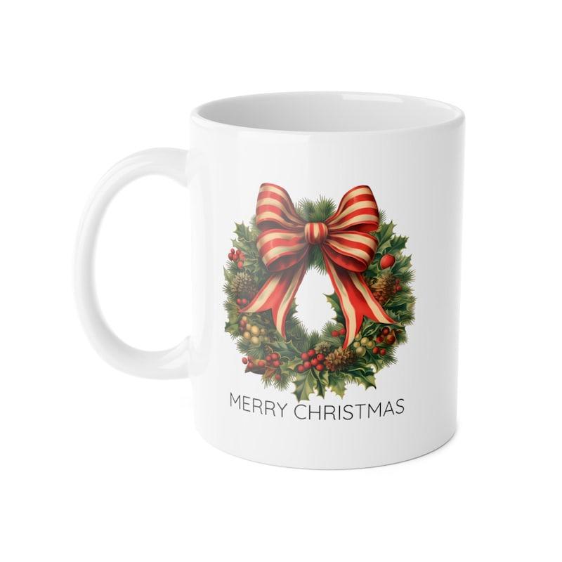 Tailorly White Ceramic 11 oz Mug - Merry Christmas Festive Green Evergreen Branches Decorated With A Large Red Striped Bow Wreath