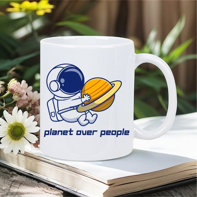 Tailorly White Ceramic 11 oz Mug - Planet Over People Cute Cartoon Style Astronaut Hugging A Ringed Yellow Planet Saturn Astronaut
