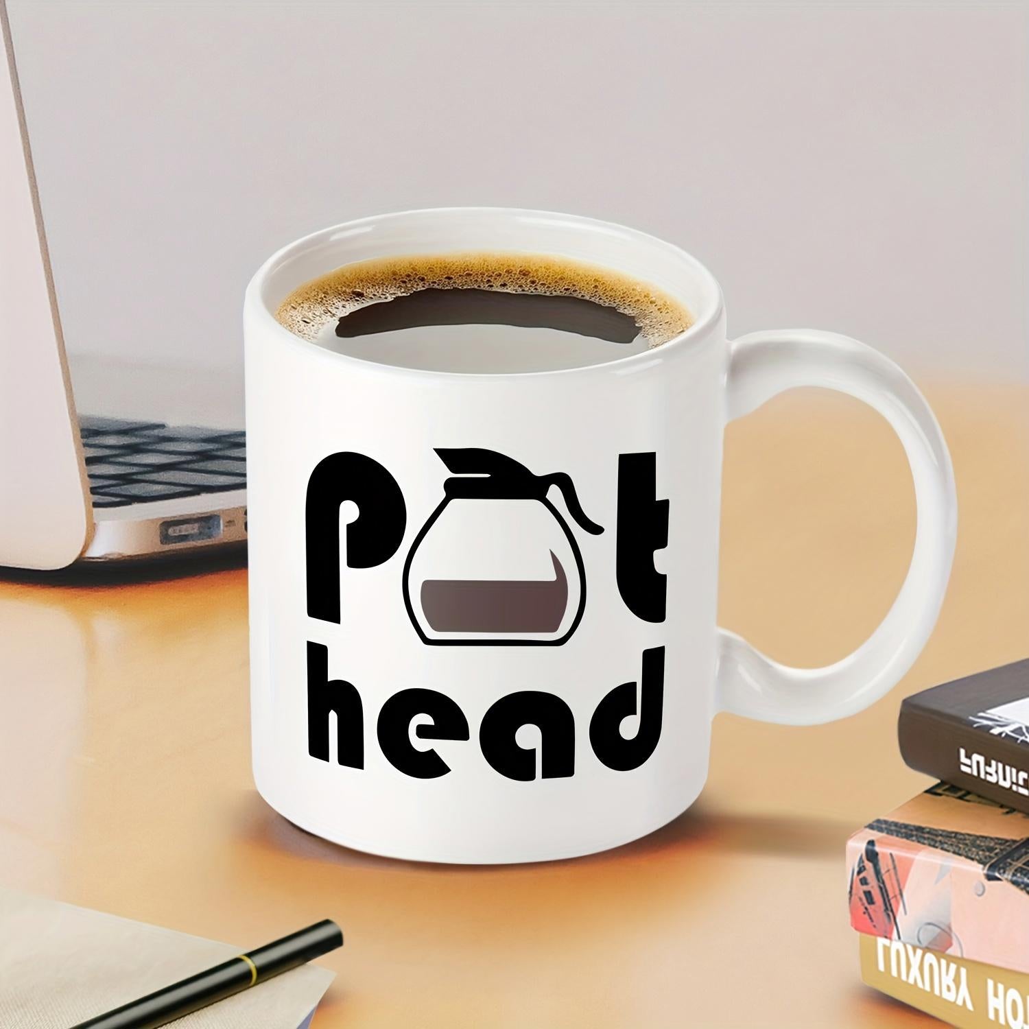 Tailorly White Ceramic 11 oz Mug - Pot Head Bold Black Minimalist Lettering Featuring A Coffee Carafe