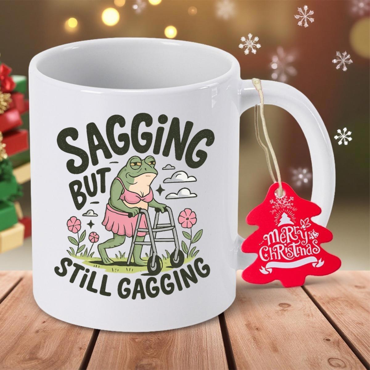 Tailorly White Ceramic 11 oz Mug - Sagging But Still Gagging Quirky Green Frog Wearing Pink Attire Leaning On A Metal Walker Frog