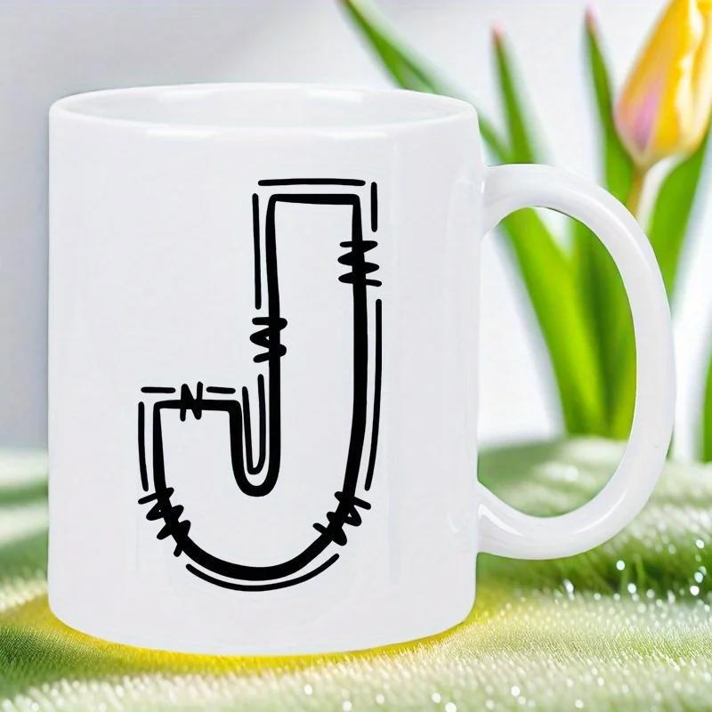 Tailorly White Ceramic 11 oz Mug - J Minimalist Black Stitched Outline With Creative Hand Drawn Typography Letter