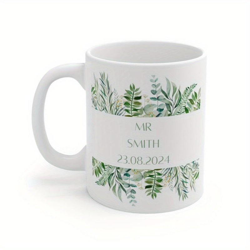 Tailorly White Ceramic 11 oz Mug - Mr Smith Soft Green Watercolor Botanical Leaves Bordering A Minimalist Personalized Mug