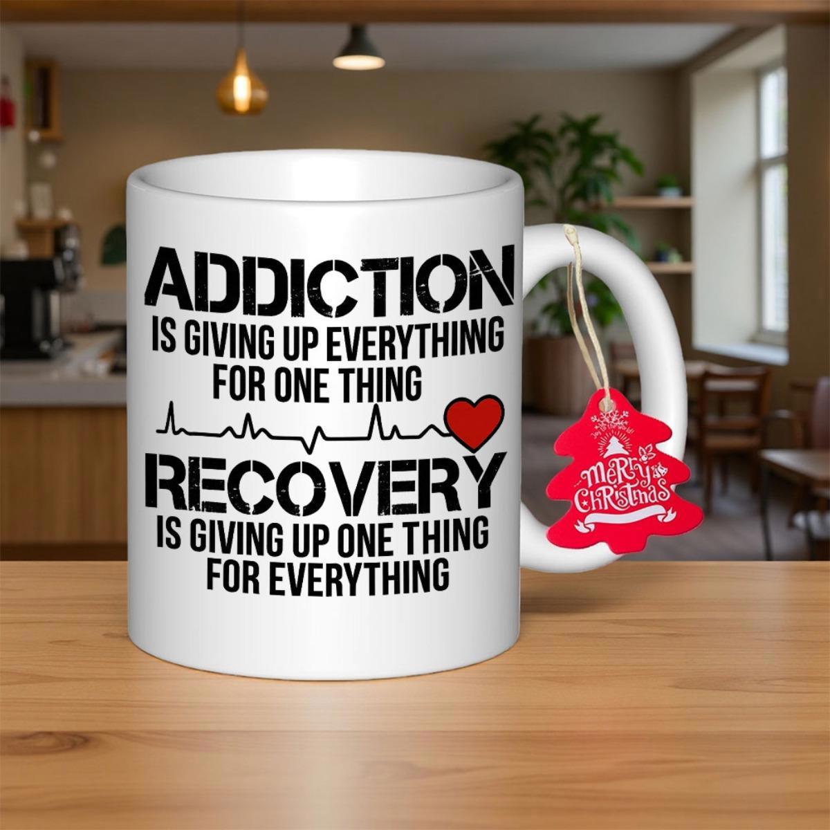 Tailorly White Ceramic 11 oz Mug - Addiction Is Giving Up Everything For One Thing Recovery Is Giving Up One Thing For Everything Minimalist Heartbeat Pulse