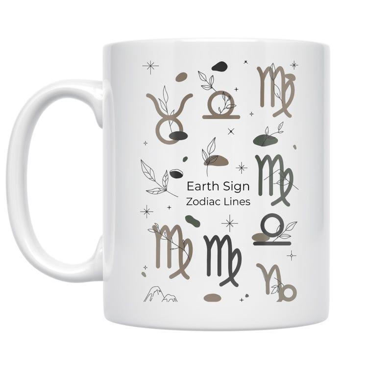 Tailorly White Ceramic 11 oz Mug - Earth Sign Zodiac Lines Minimalist Line Art With Celestial Symbols And Delicate Botanical Leaves Zodiac