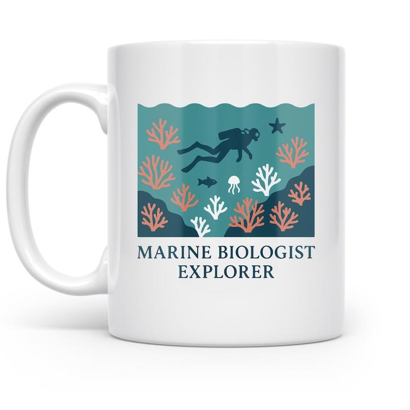 Tailorly White Ceramic 11 oz Mug - Marine Biologist Explorer Silhouette Swimming Deep Among Colorful Coral Reefs And Fish Diver