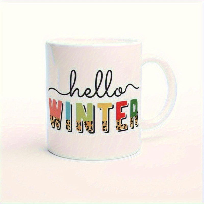 Tailorly White Ceramic 11 oz Mug - Hello Winter Colorful Patterned Letters Styled With Elegant Black Script Font Mug