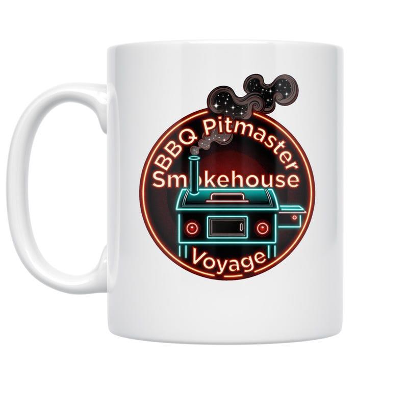 Tailorly White Ceramic 11 oz Mug - BBQ Pitmaster Smokehouse Voyage Vintage Circular Badge Featuring A Smoking Cyan Outdoor Barbecue Smoker Grill