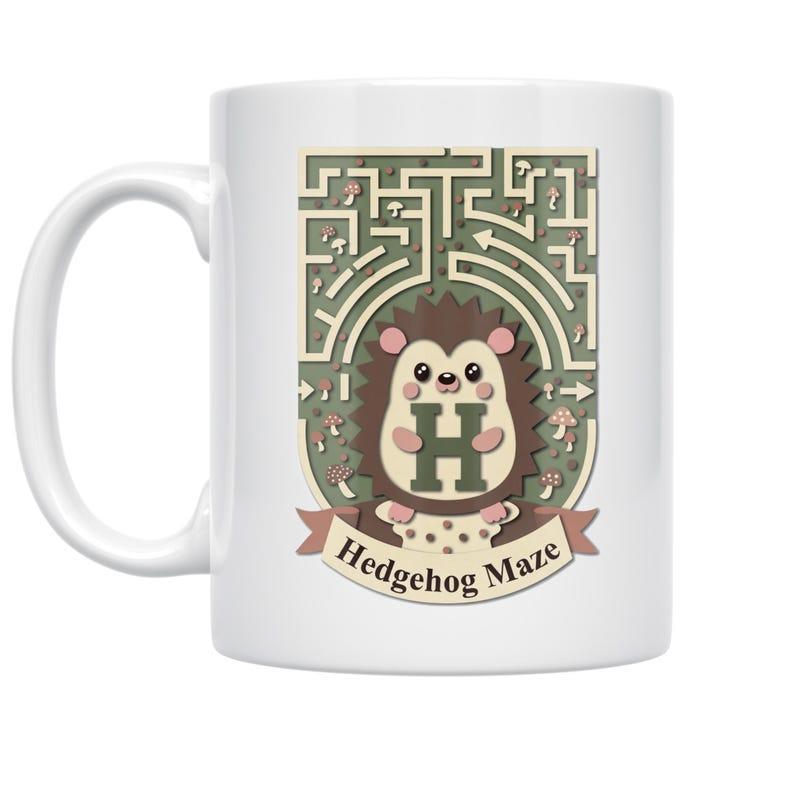 Tailorly White Ceramic 11 oz Mug - Hedgehog Maze Cute Cartoon Character Holding Letter Inside Intricate Green Labyrinth Path Hedgehog