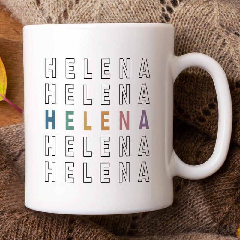 Tailorly White Ceramic 11 oz Mug - Helena Minimalist Repeated Vertical Typography With Colorful Center Pattern Mug