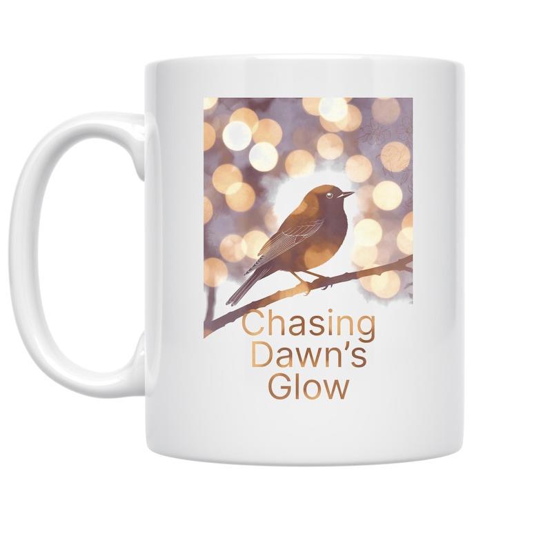 Tailorly White Ceramic 11 oz Mug - Chasing Dawn's Glow Small Bird Perched On Branch With Shimmering Morning Light Circles Bird