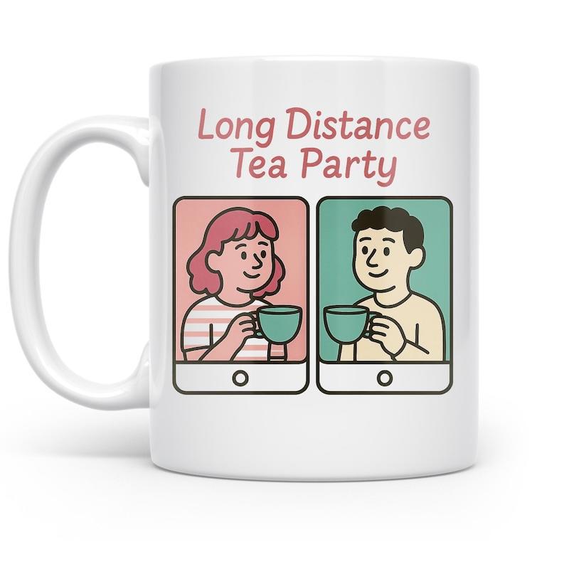 Tailorly White Ceramic 11 oz Mug - Long Distance Tea Party Two Friends Sharing Digital Connection Across Separate Screens Holding Mugs Illustration